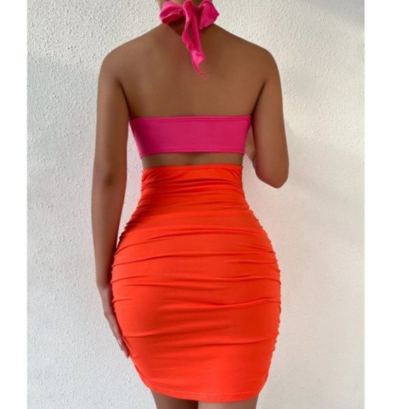 Two Tone Tie Backless Cut Out Halter Bodycon Dress neon - Picture 2 of 9